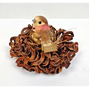 Bird in Straw and Pine Wood Nest Figurine Sitter Realistic Feathers Rustic 4"